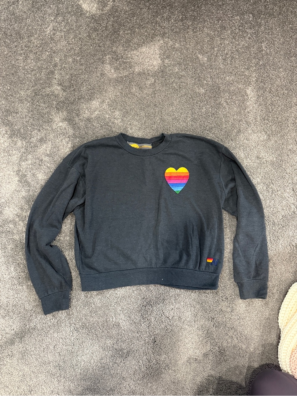 Aviator Nation Black Crewneck with Rainbow Heart Patch - Picture 1 of 3